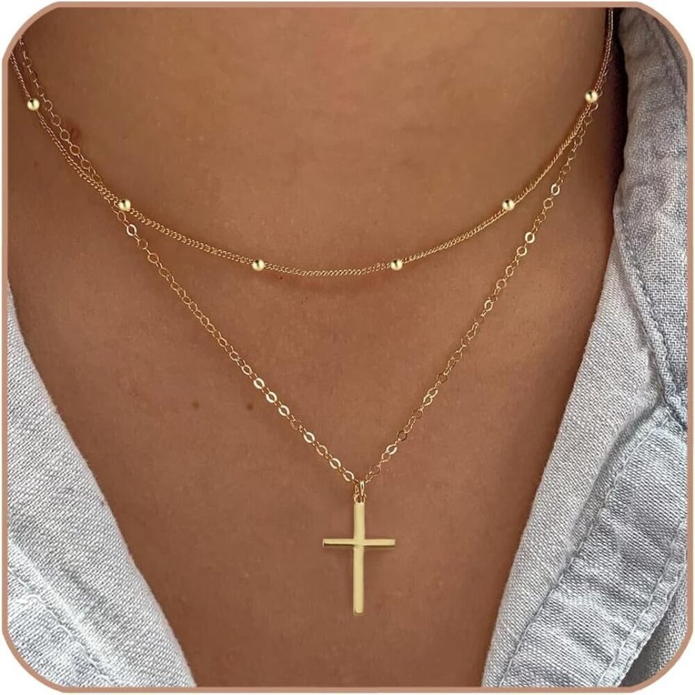 Women 08 Simple Cross Gold 14K Gold Silver Cross Necklace - Non Tarnish Jewelry